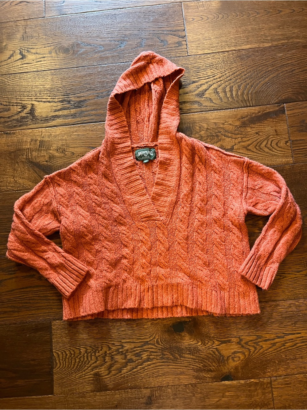 Vintage American Eagle Y2K Orange Cable Knit Hooded Sweater Crop Small